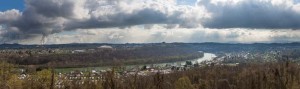 Panoramic skyline and cityscape of Morgantown, home of West Virginia University or WVU