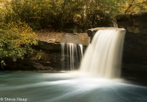 Cascade of waterfall into swimming hole with blurred motion on Deckers Creek running by Route 7 near Masontown in Preston County West Virginia