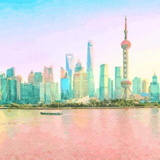 Water color of skyline of the city of Shanghai at sunset