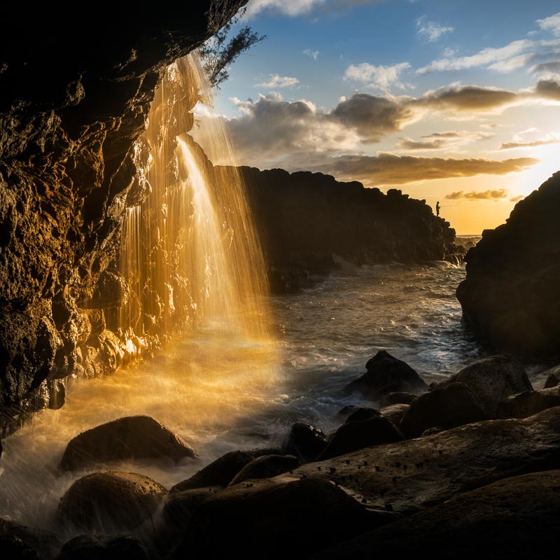 Evening sea fishing by waterfall