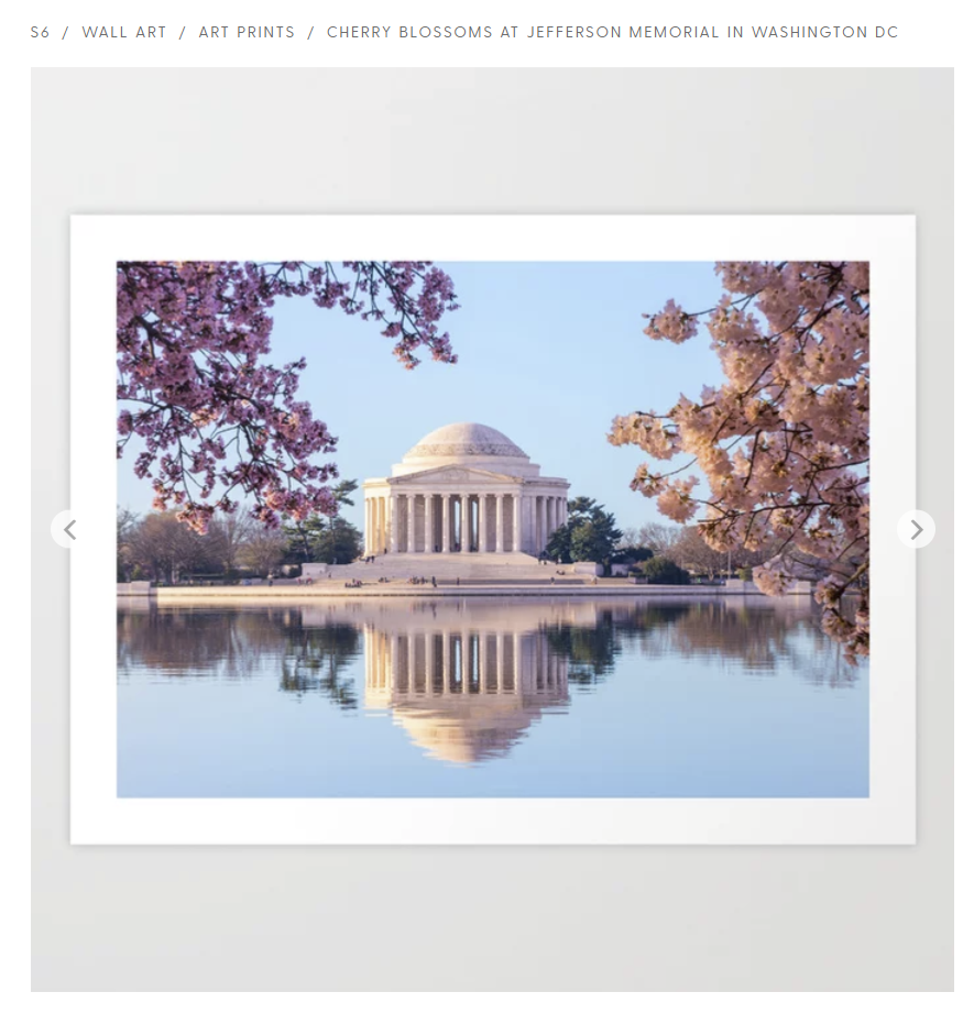 Art print of the Jefferson Memorial in Washington DC at Cherry Blossom Festival time. Sold on Society6.