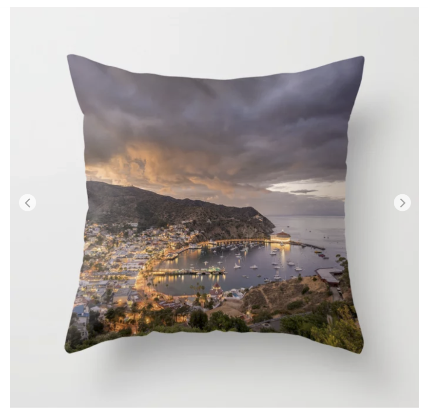 Throw pillows from an original photo of Avalon Harbor on Catalina Island in California sold on Society6 on a throw pillow.