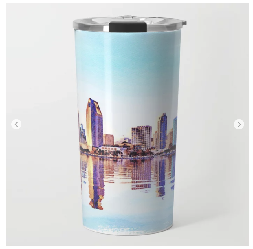 Travel mugs with my water color illustration of San Diego sold on Society6