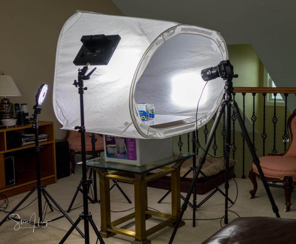 Home studio set up for taking product shots against white background