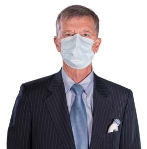 Man in mask ready with thermometer in his suit pocket to test for virus