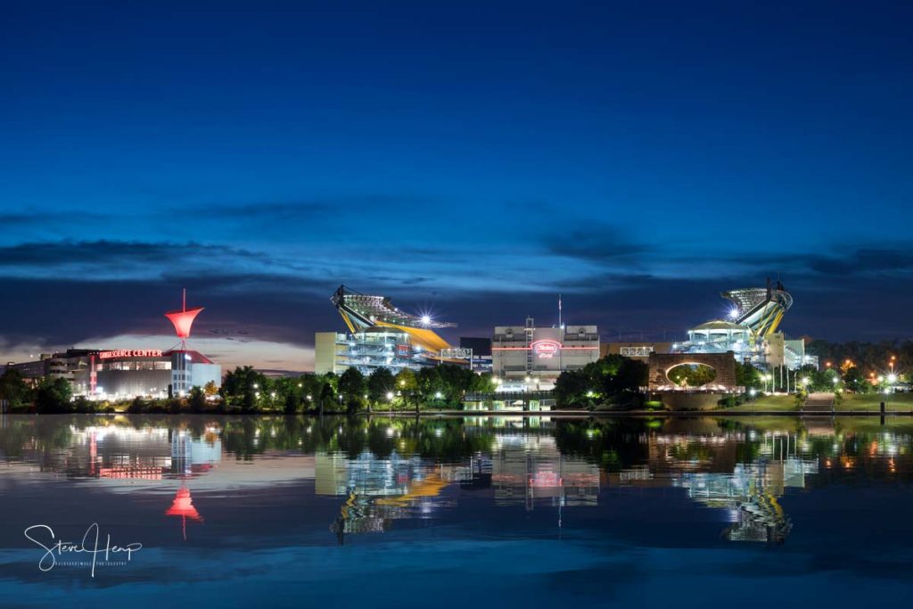 Night image of Heinz Field sports stadium in Pittsburgh, home of the Steelers