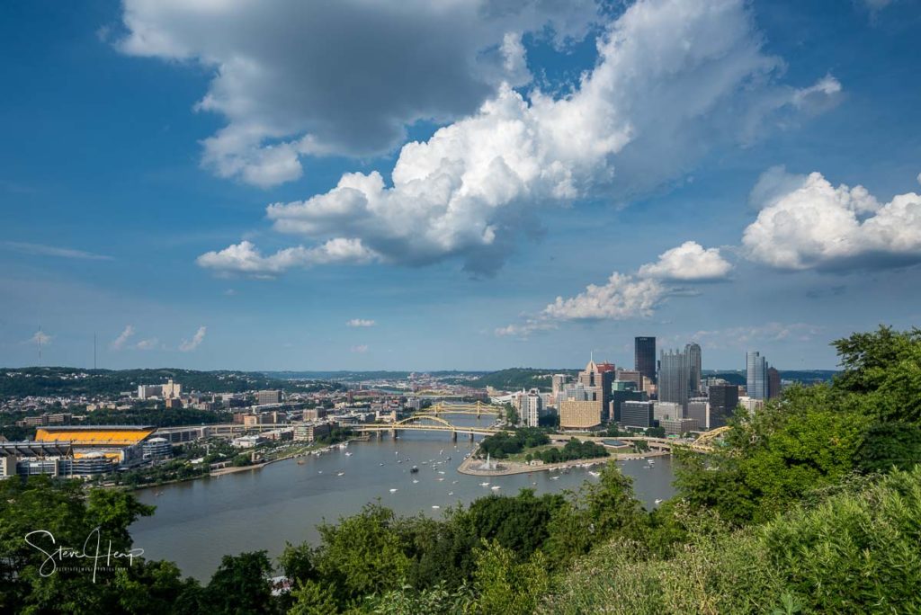 Stock photo of the city of Pittsburgh from the Mount Washington overlook just before the July 4 fireworks