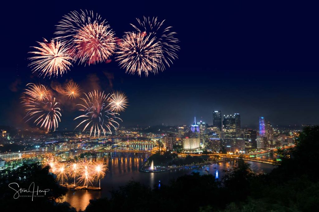 Stock photo of fireworks for Independence Day over the city of Pittsburgh in Pennsylvania