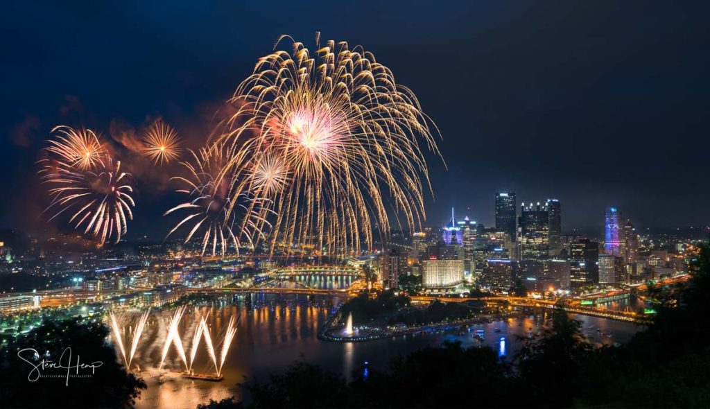 Stock photo of July 4th fireworks over the city of Pittsburgh in Pennsylvania