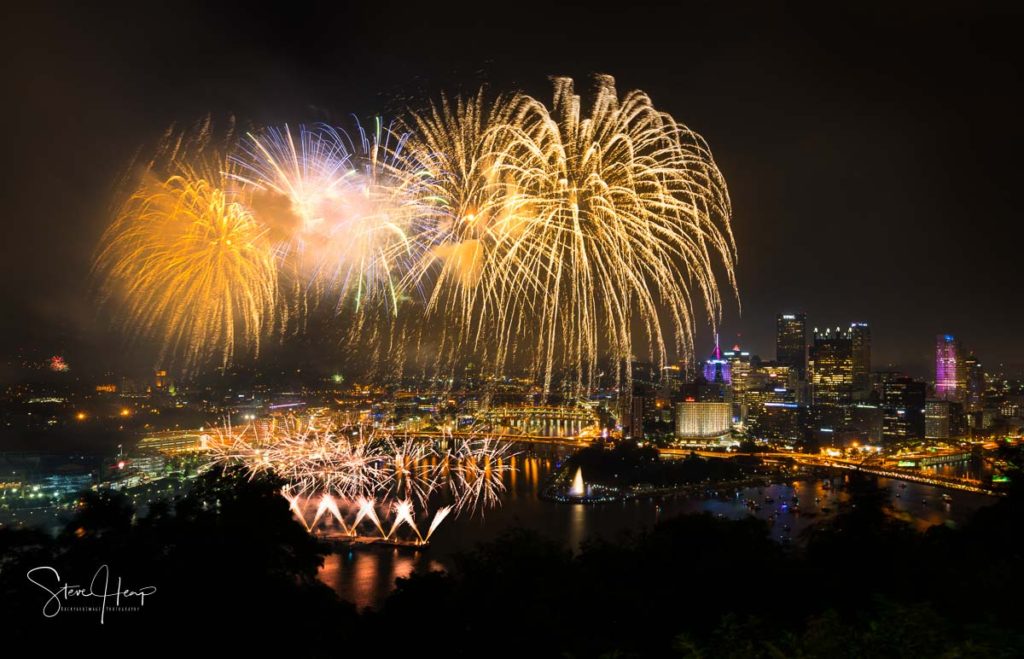 Stock photo of fireworks over Pittsburgh Pennsylvania for July 4 Independence day celebrations