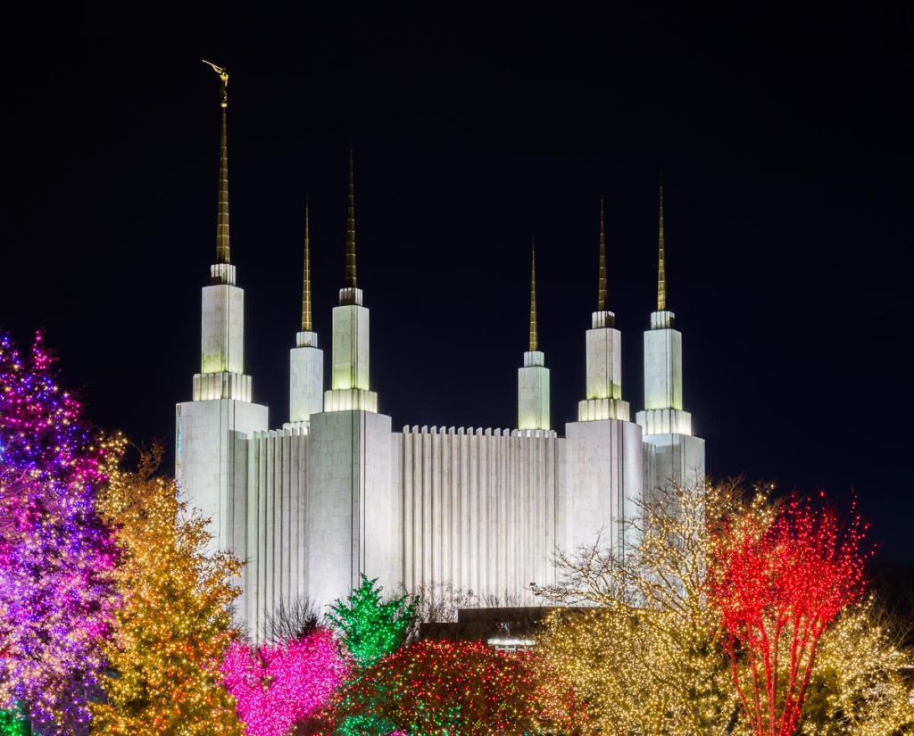 Image of the church of the Latter Day Saints in Washington DC at christmas time. Recently sold as a face mask on Fine Art America