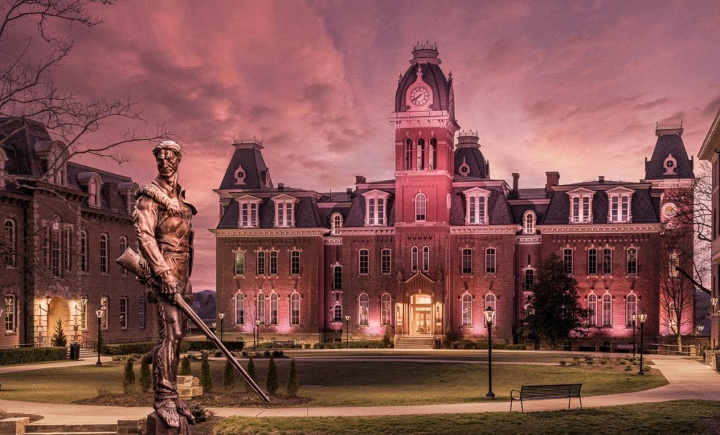 Sepia shaded image of the famous mountaineer statue outside the historic Woodburn Hall at West Virginia University in Morgantown