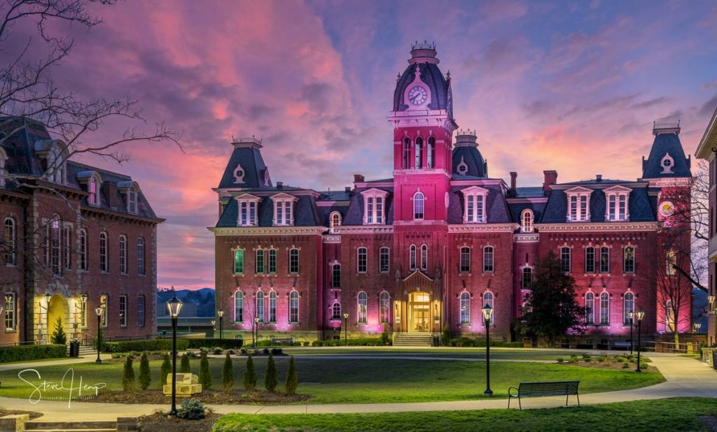Dramatic photo of Woodburn Hall at West Virginia University or WVU would make a great graduation gift for your student, especially as a metal print