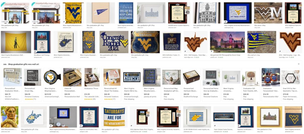 Google image search for wall art for WVU graduation gifts