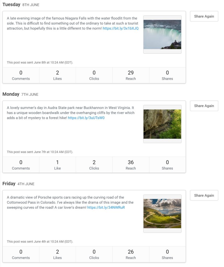 Examples of posts to Facebook made using Buffer