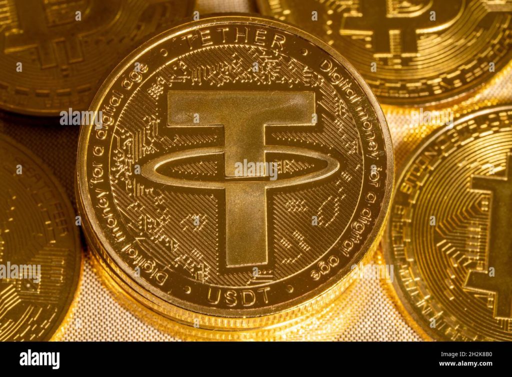 stock photo of tether coin for cyber currency