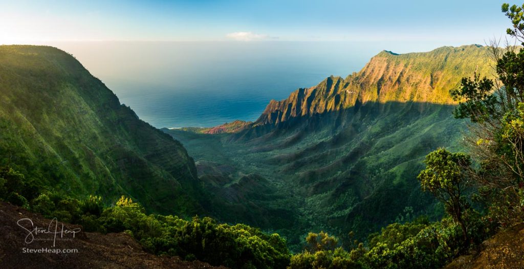 High definition panorama over Kalalau Valley as sunset taken in HDR at Kalalau, Kauai, Hawaii. See print in my online store