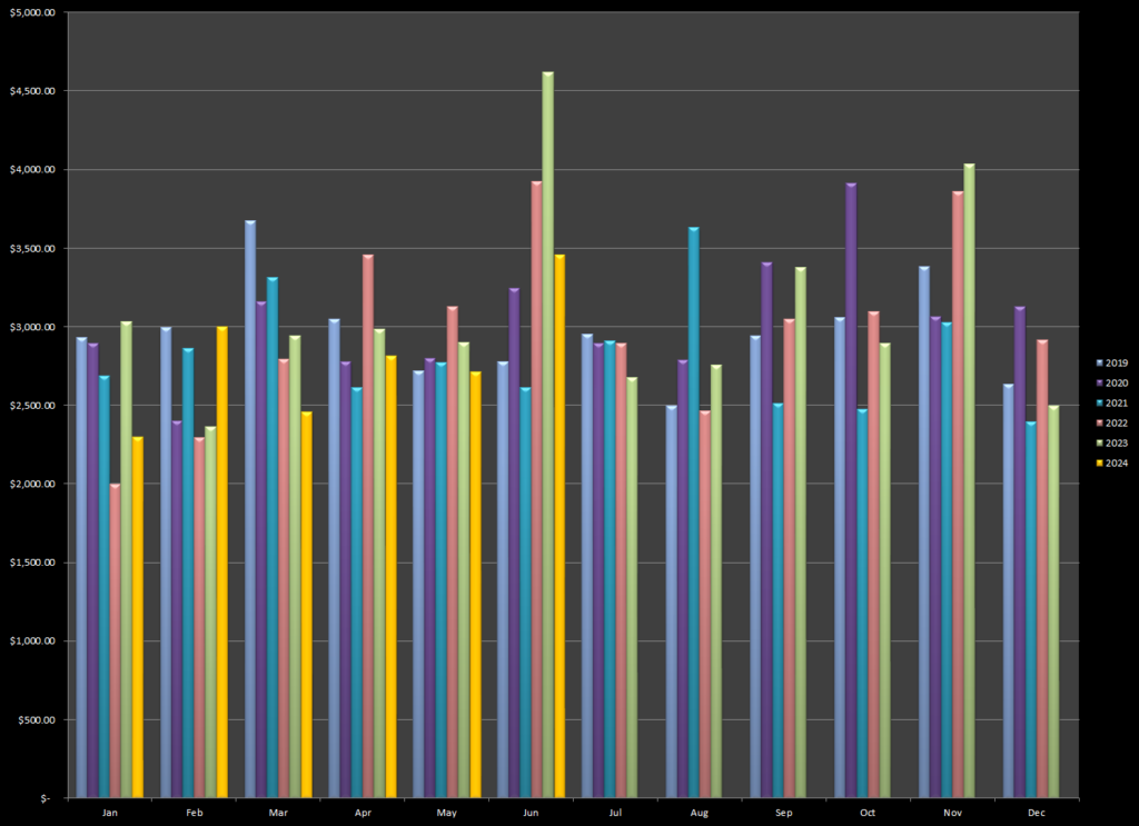 Earnings from stock and fine art photography through the years until June 2024