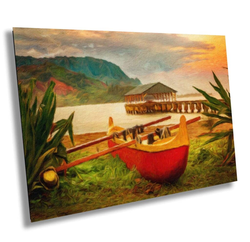 Large acrylic print of a Hawaiian canoe on the beach at Hanalei on Kauai. In my Etsy store here