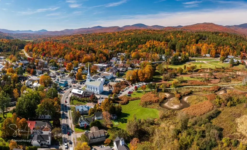 Panoramic aerial view of the town of Stowe in Vermont in the fall
