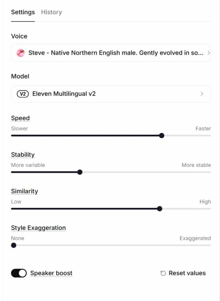 ElevenLabs Settings that can be applied to your voice for a particular reading
