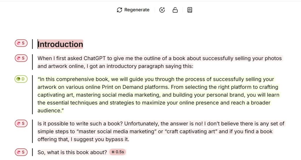 Regeneration of individual paragraphs to get an alternative reading