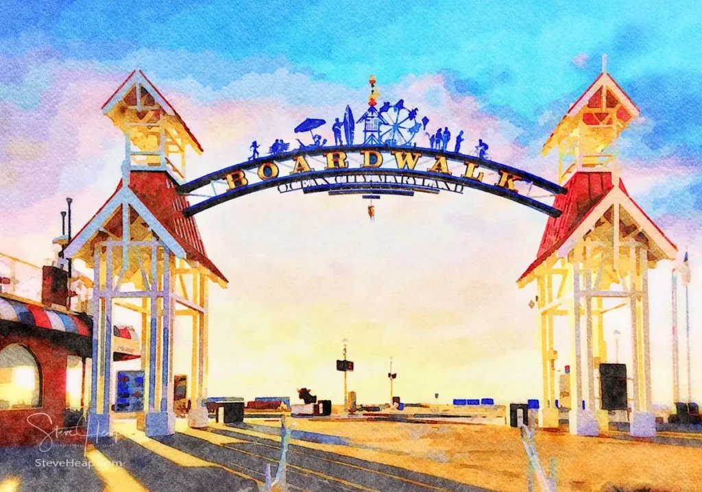 Watercolor painting of the famous sign above the deserted boardwalk of Ocean City in Maryland, USA. You get to see this sort of empty vista when you are up for sunrise!