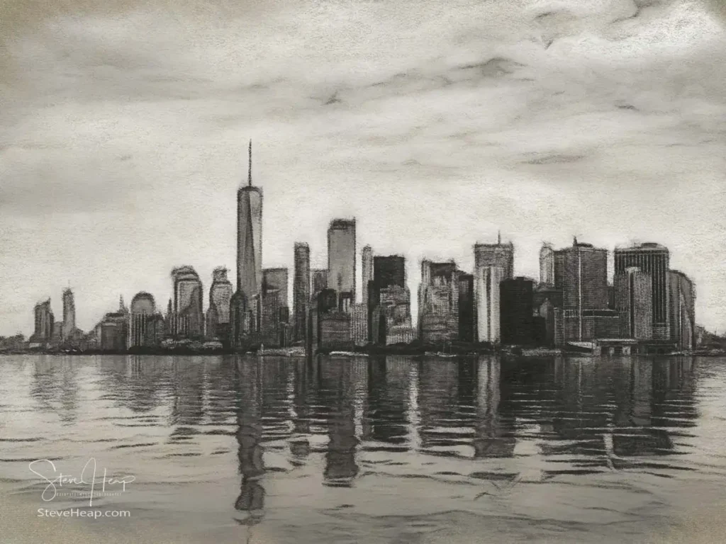 Charcoal drawing from an original photographic panorama of Manhattan in NYC from Hudson River with reflections in the water