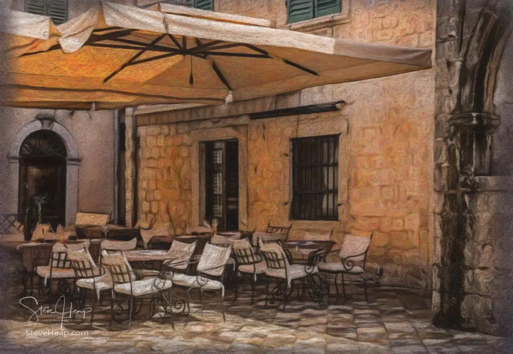 Small cafe of restaurant in the pedestrian streets of old town Kotor in Montenegro finished as a crayon drawing