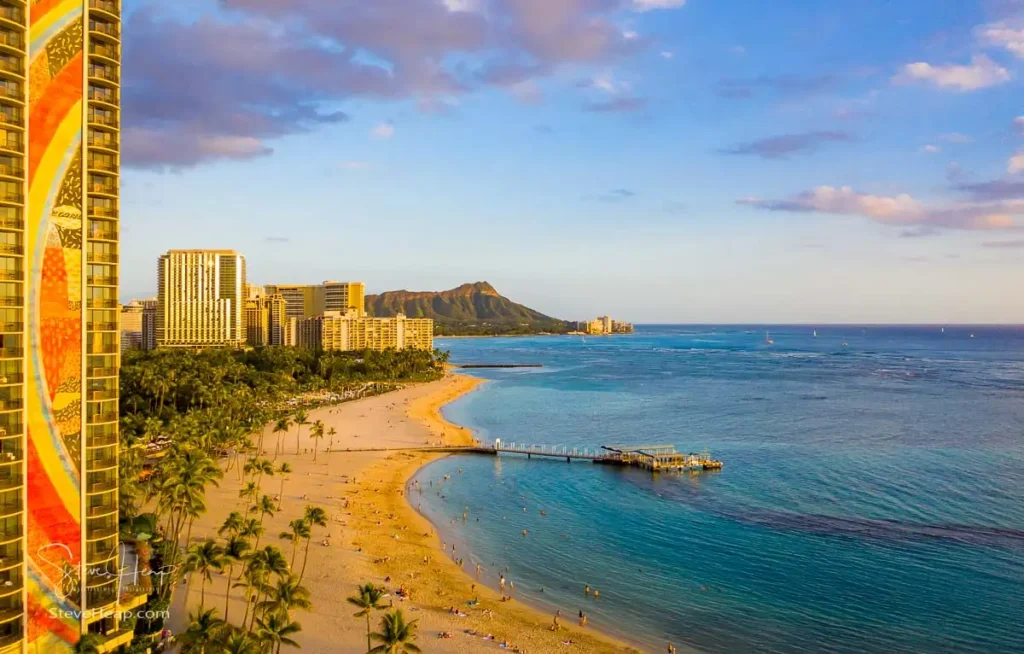 View of the beach at Waikiki by the Hilton Hawaiian Village Rainbow tower.