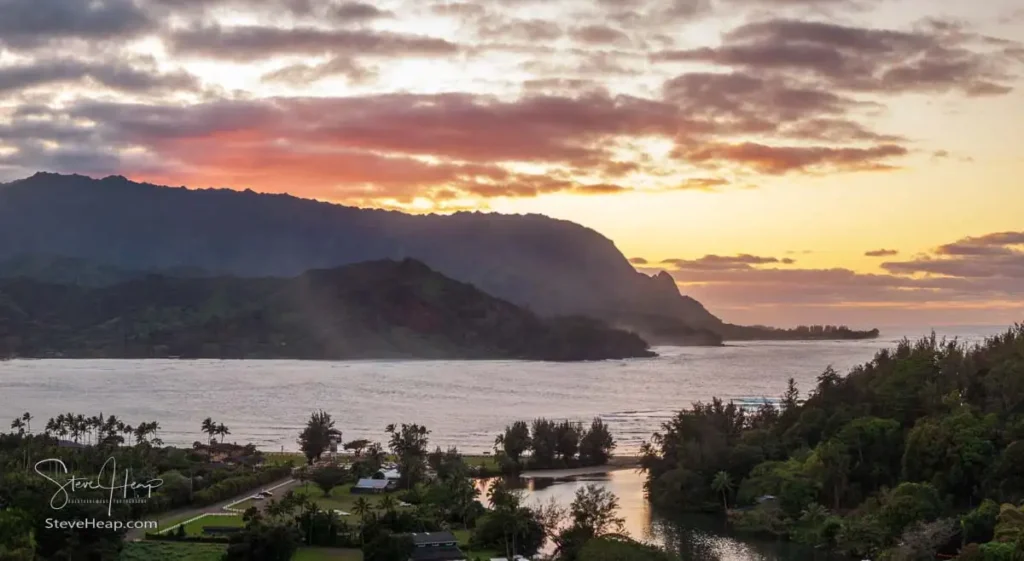Sunset taken by drone above Hanalei Bay on the Hawaiian Island of Kauai