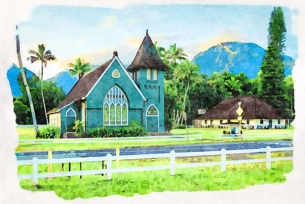 Watercolor treatment of Waioli Huiia Church in Hanalei, Kauai, with the majestic mountains in the background at sunrise