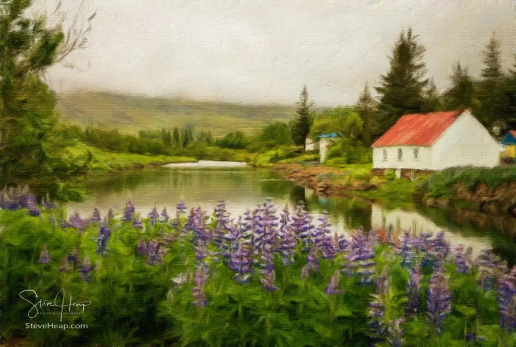 Impressionistic oil painting of a peaceful scene in Seydisfjordur in Iceland of calm river flowing from mist covered mountains past homes with Alaskan lupines in foreground