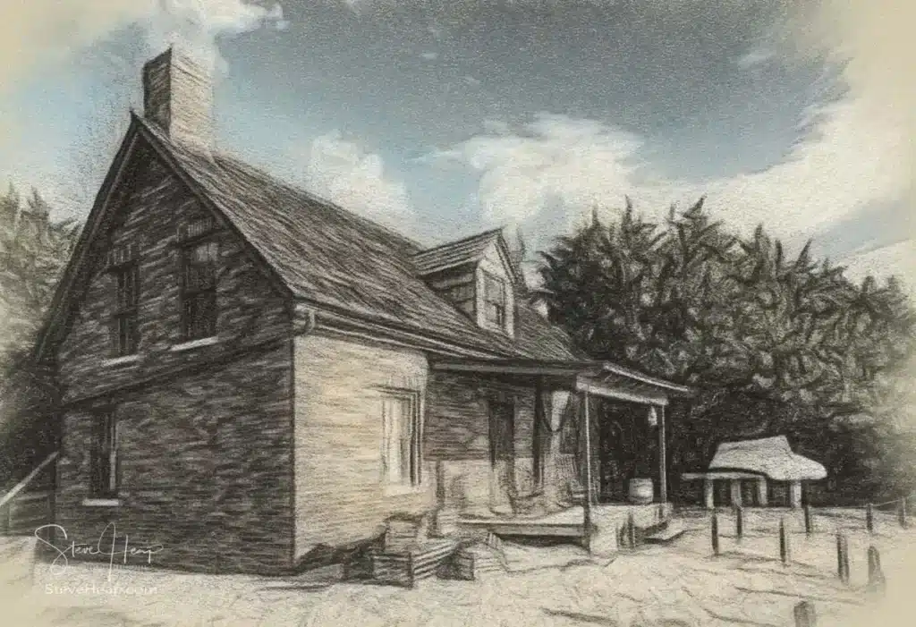 Charcoal drawing of the brick home of lighthouse keeper at Cape Florida Bill Baggs State Park using digital painting