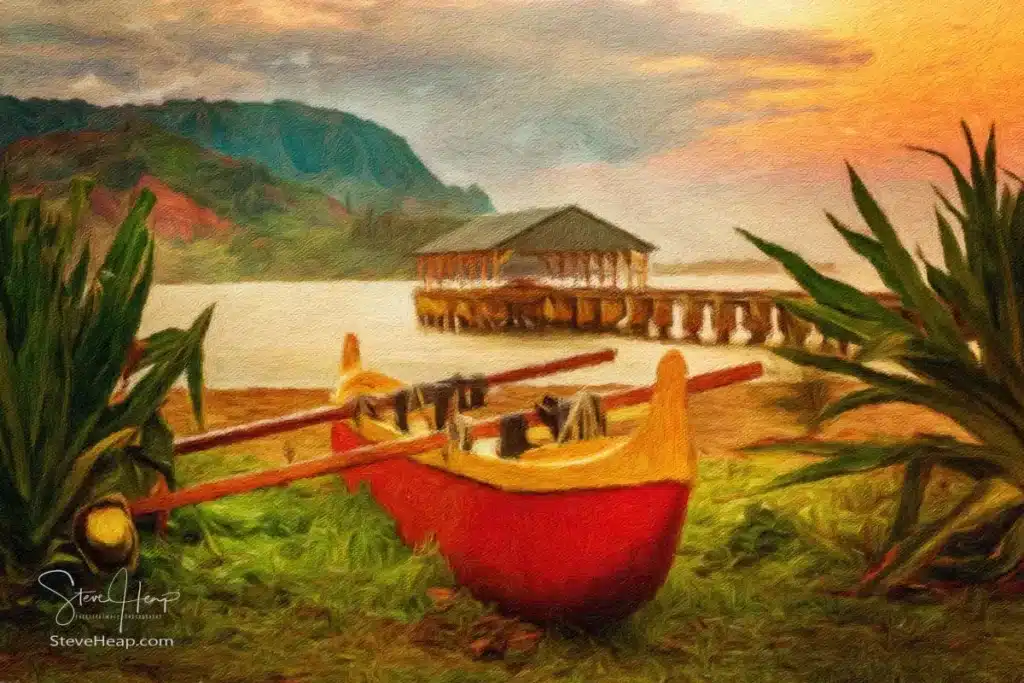 Impressionistic oil painting of a red and yellow hawaiian canoe with outrigger on the beach at Hanalei pier at dawn as the sun lights the sky over Na Pali mountains