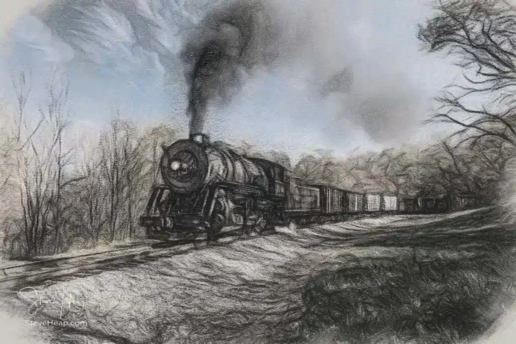 Charcoal sketch of Western Maryland Railroad steam train in the fall of 2011. This scenic railroad offers excursions pulled by a 1916 Baldwin locomotive from Cumberland to Frostburg.
