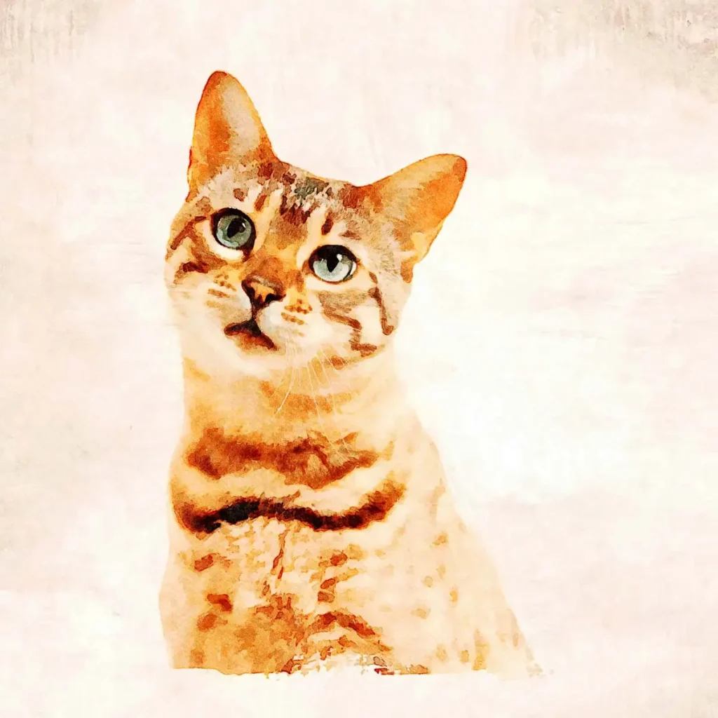 Bengal Kitten in a digital watercolor painting looking very lovingly towards her owner/parent!