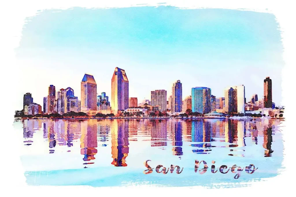 Digital watercolor painting of the tall skyscrapers of San Diego in California from Centennial Park in Coronado
