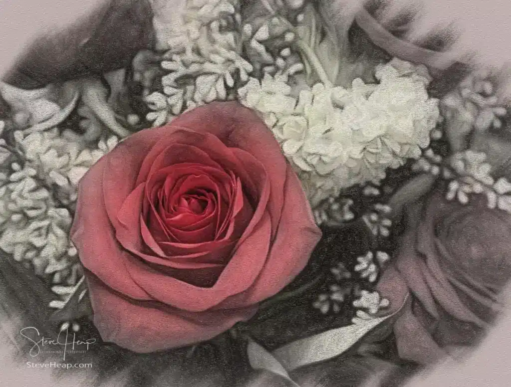 Digital colorized charcoal drawing of a single rose in a bouquet of others given as a romantic Valentines day, birthday or anniversary gift