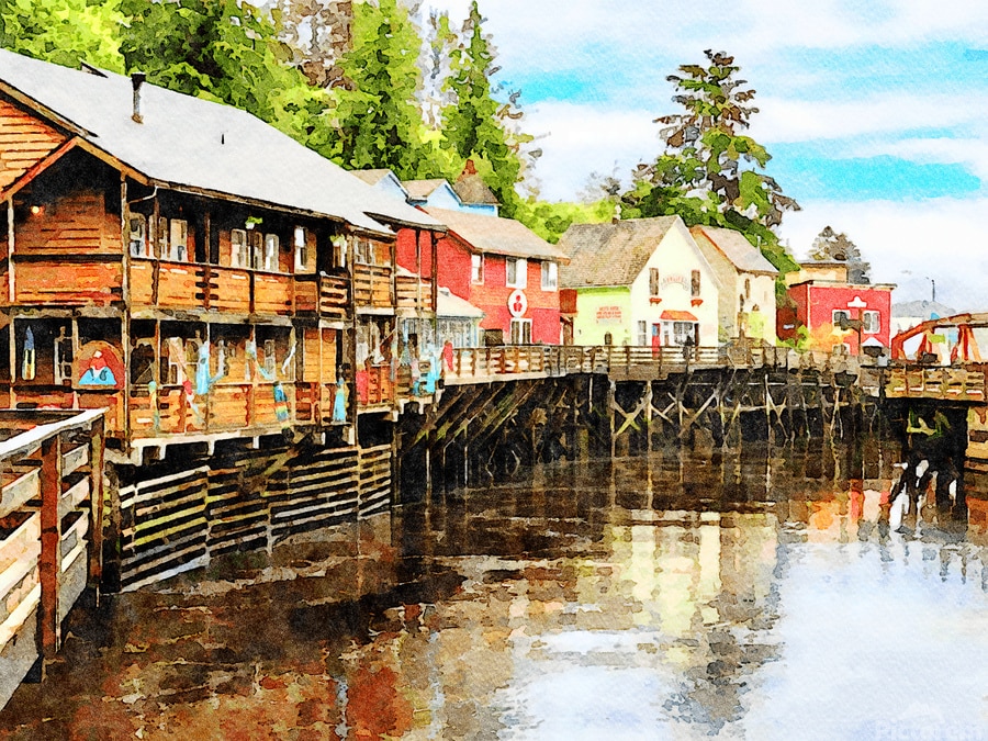 Watercolor painting of the famous Creek Street boardwalk and shops in Ketchikan Alaska