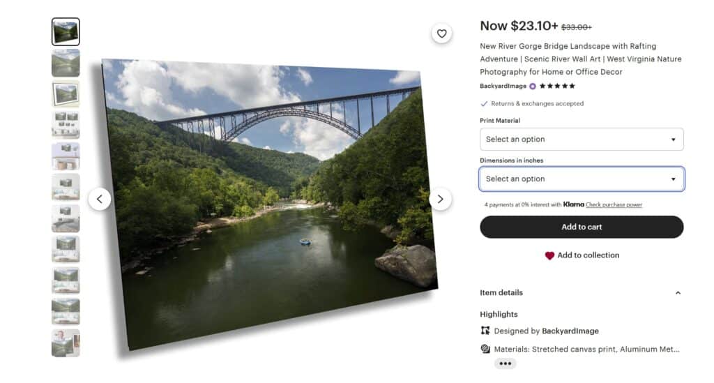 My Etsy image photographs. The correct image displaying a print size shows as the potential buyer looks at the different options