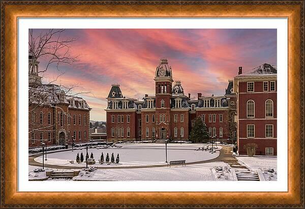 59x40 inch framed print of Woodburn Hall in the snow at WVU