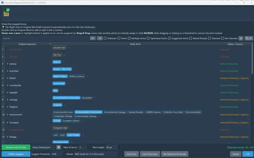 Automatic matching of the original keywords to the appropriate Getty controlled vocabulary terms