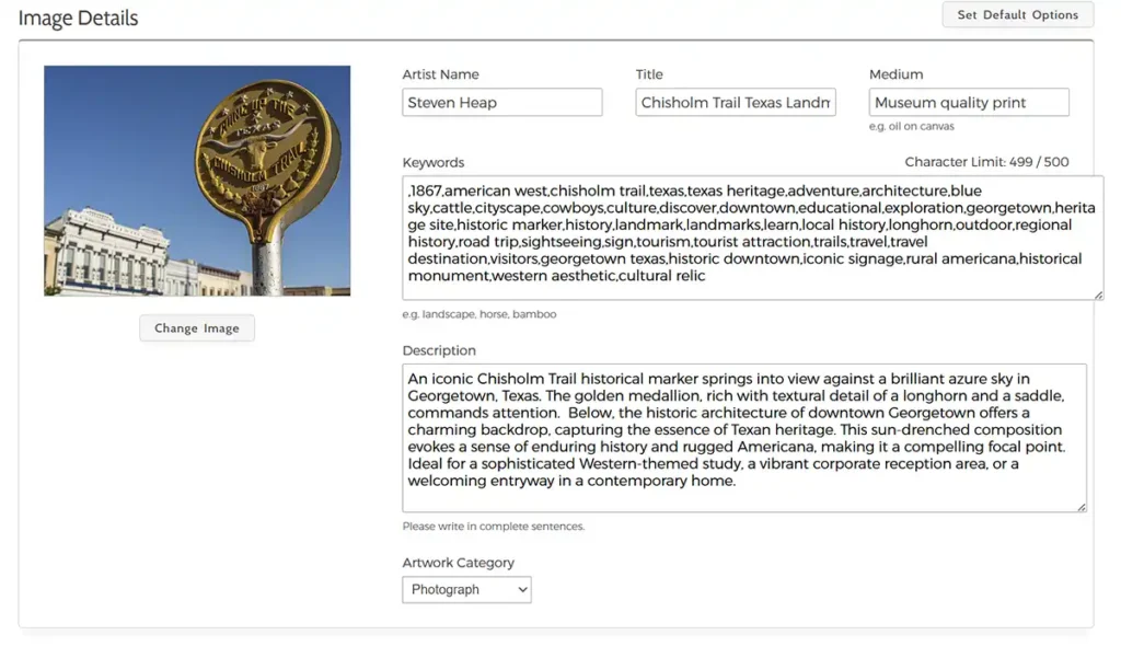 The more artistic metadata in one of my images from Georgetown, Texas